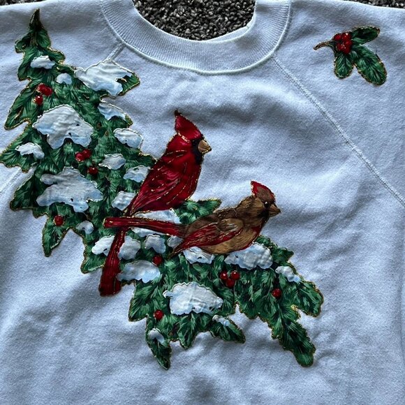 Vintage Hanes Sweater Womens XL White w/Cardinal & Christmas Tree 80s Winter - Picture 2 of 8